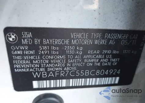 2011 BMW 535I z USA, uszkodzony, nr VIN WBAFR7C55BC804924